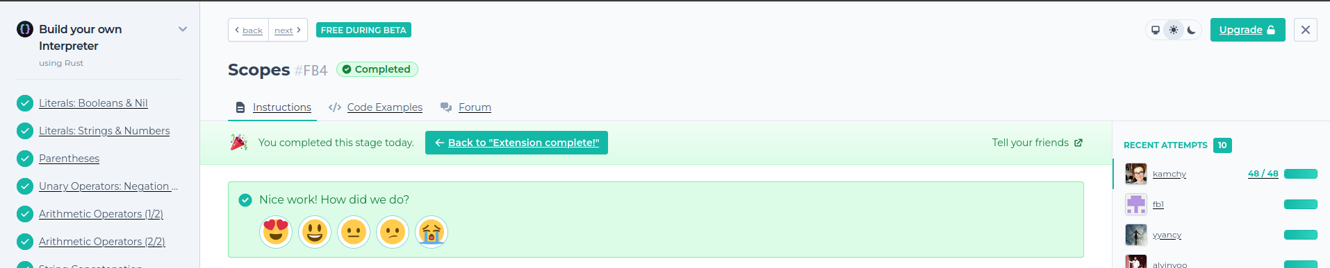 Finally all tasks done - screenshot from codecrafters page /posts/2024-10-06_about_rust/success.png